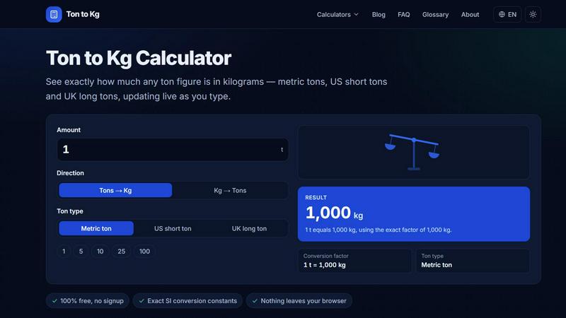 Ton to Kg Calculator application interface and features